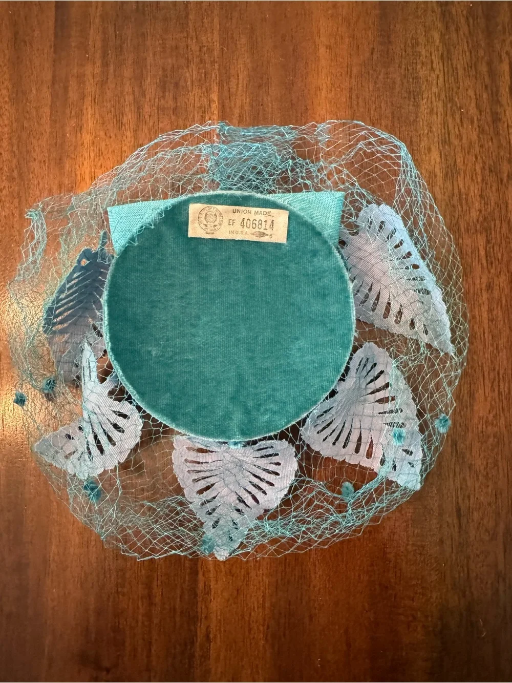 Vintage 1950s Aqua Leaf Halo Fascinator Hat Birdcage Veil Box